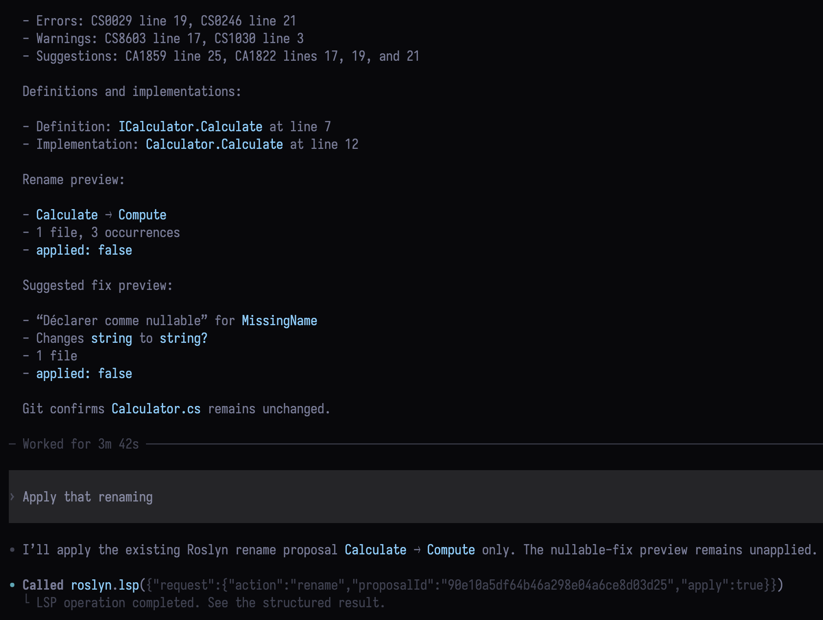 Codex using Roslyn to report C# diagnostics, locate implementations and preview edits